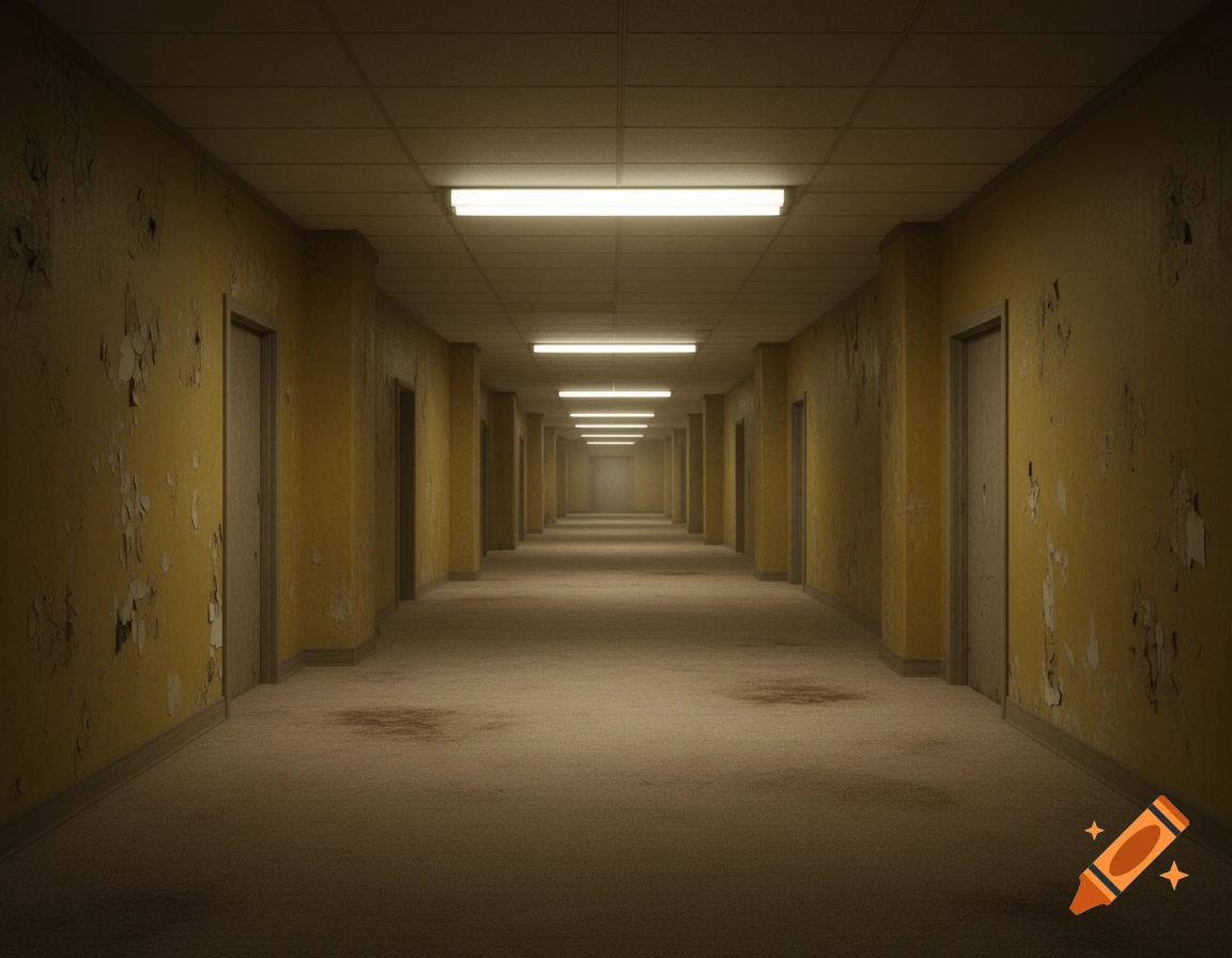 A long, dim, decaying hallway with yellow peeling paint, numerous closed doors, and fluorescent lights stretching into the distance.