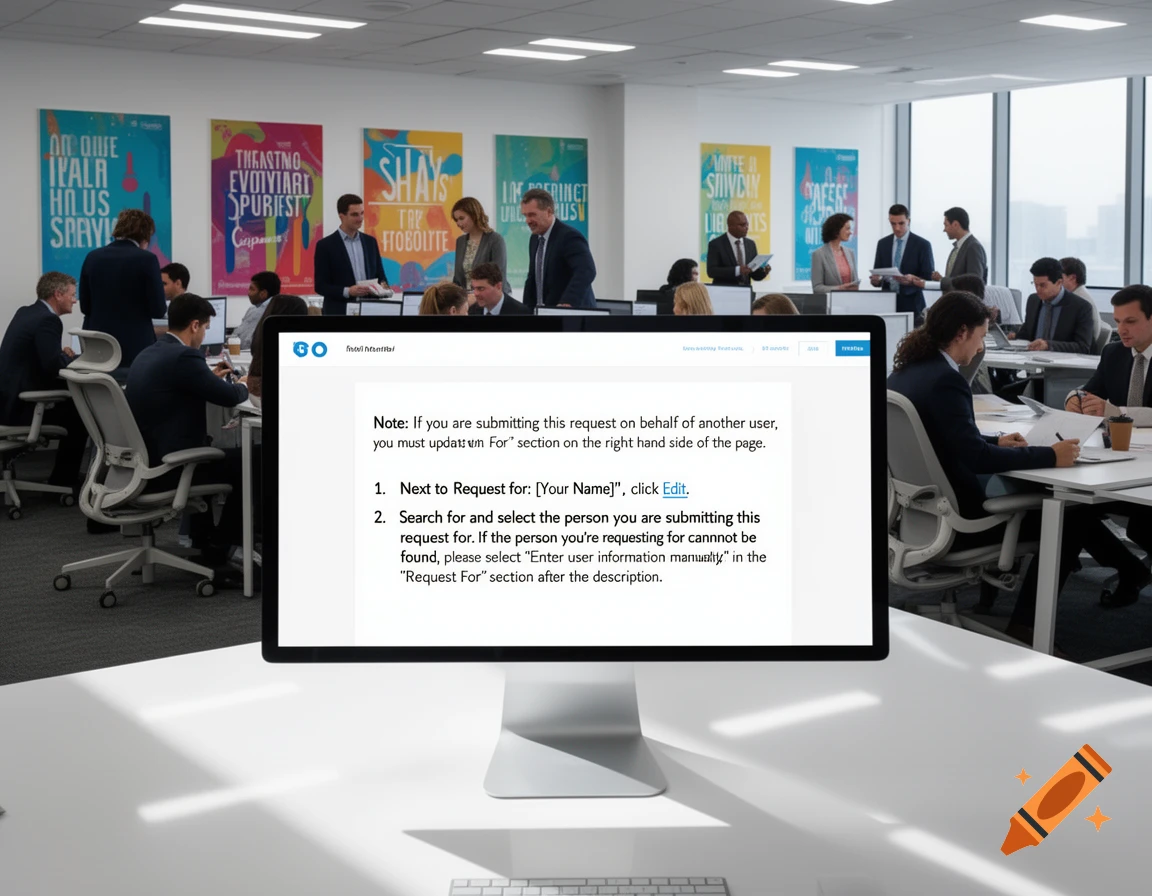 An office scene with business professionals working. A monitor in the foreground displays instructions for submitting a request, with slightly garbled text.