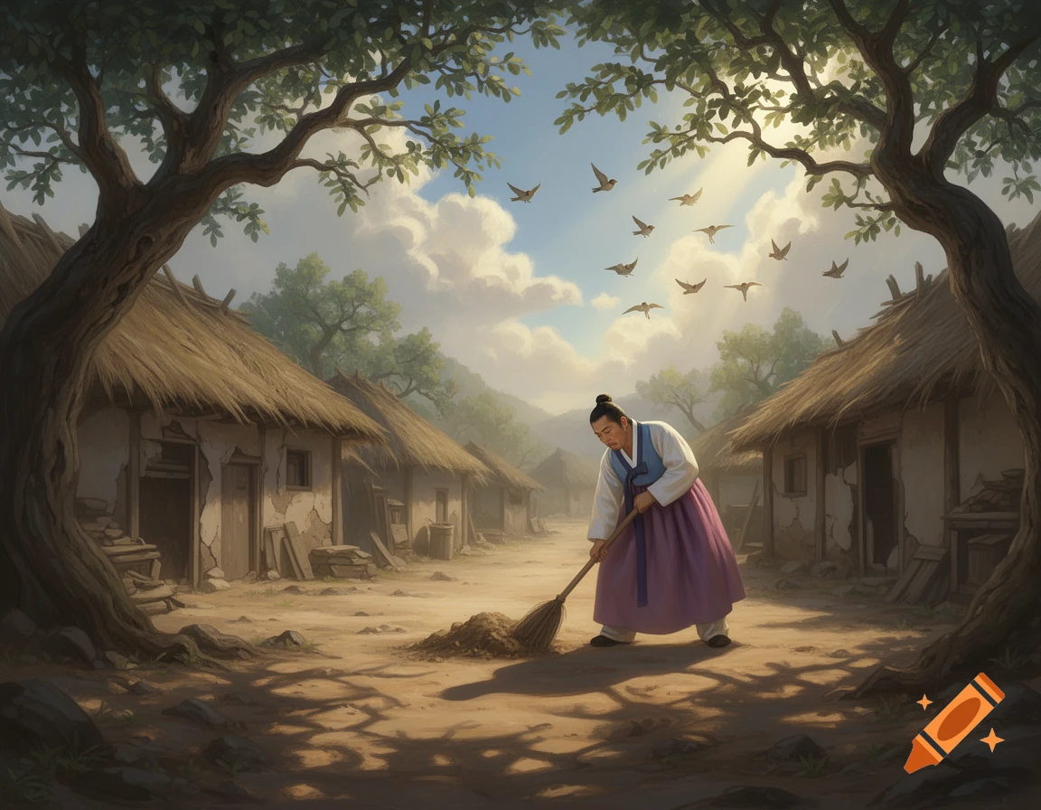 A person in traditional Korean attire sweeps dirt in a rustic village with thatched-roof houses, surrounded by trees and flying birds.