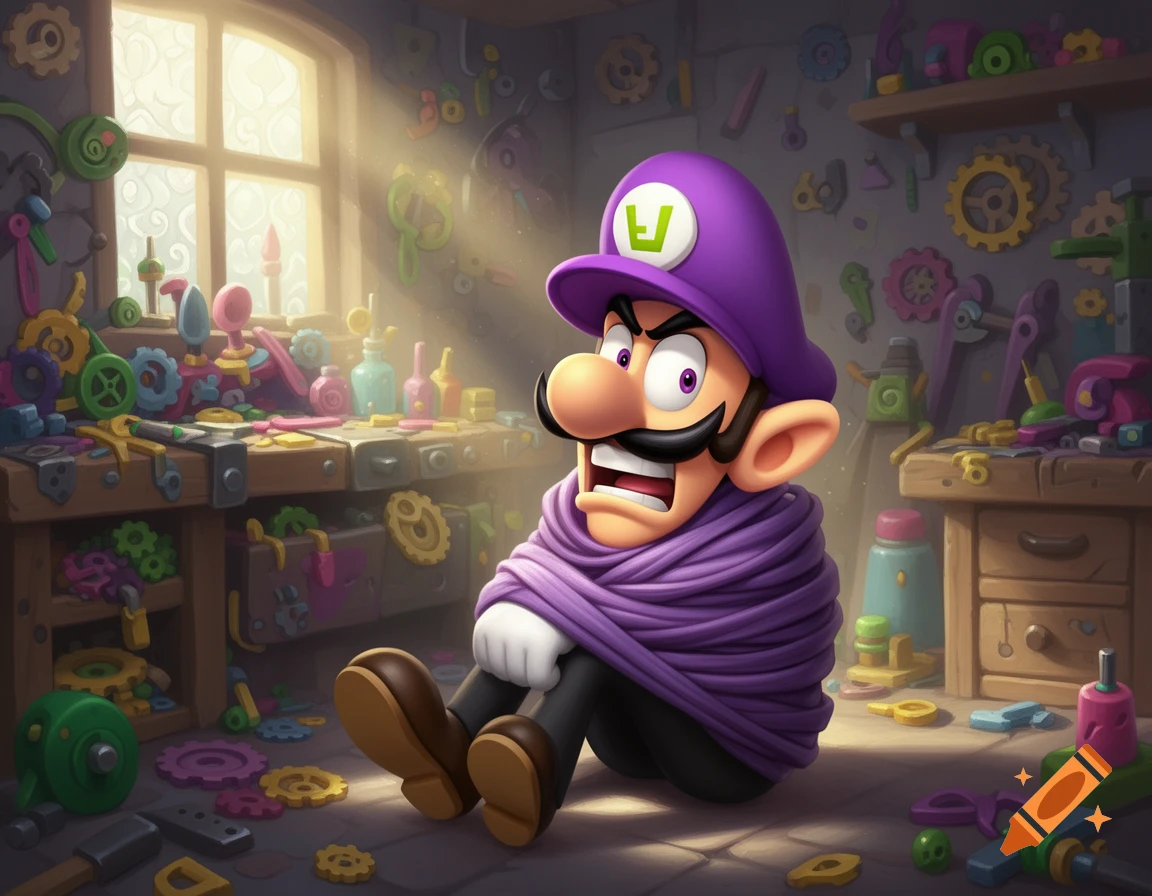 Distressed Waluigi, tied up in purple fabric, sits on the floor of a sunlit, colorful, cluttered workshop filled with cartoonish tools and gears.