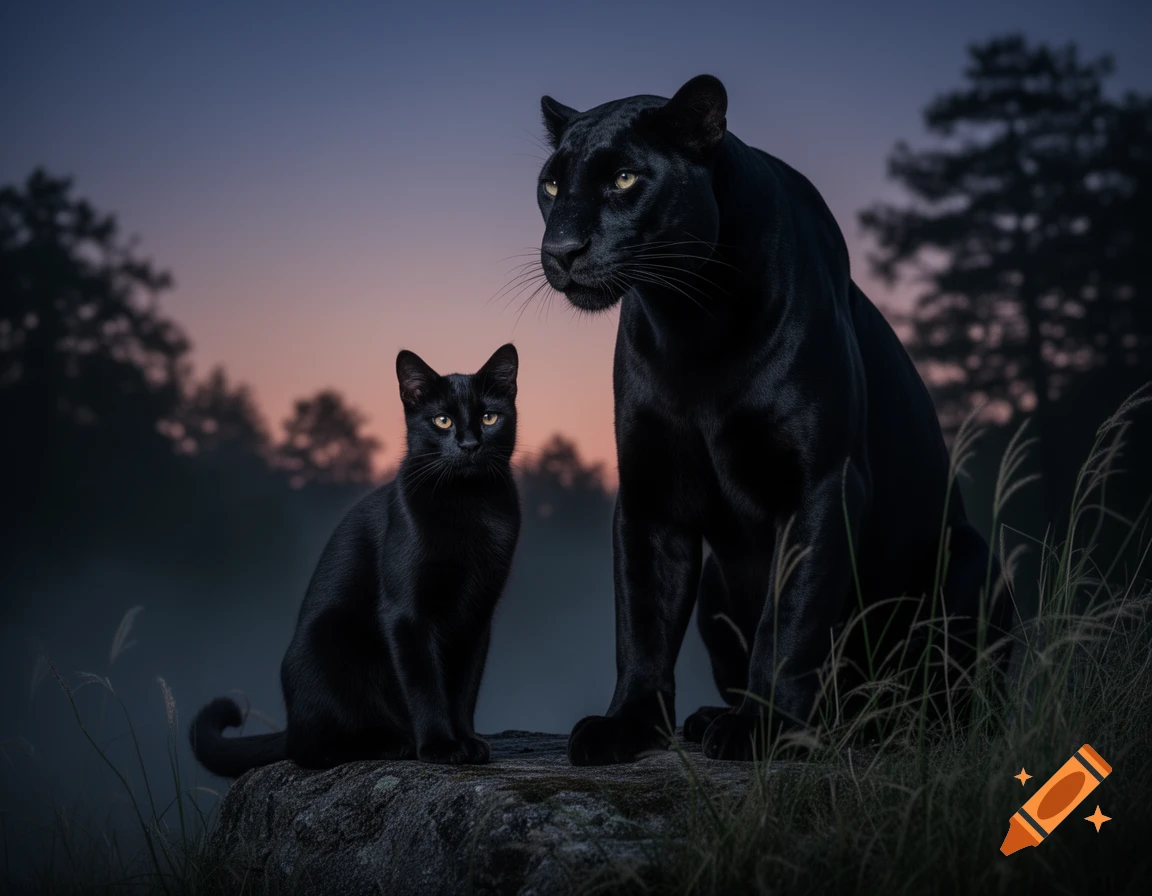 A photorealistic image of a sleek black cat and a majestic black panther sitting side by side on a rock at twilight.