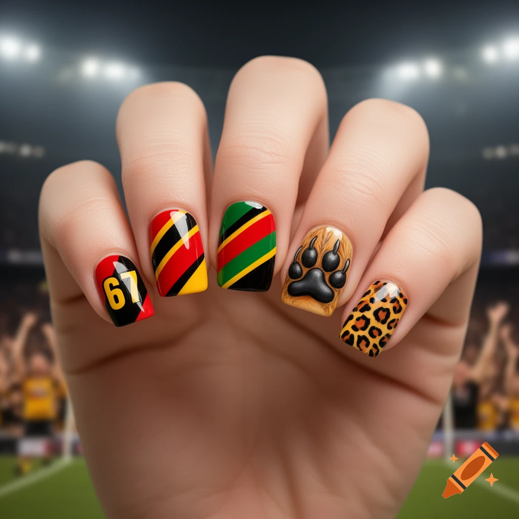 A hand with five nails decorated in a Penrith Panthers theme, featuring a '67' number, diagonal stripes, a panther paw print, and leopard print against a stadium background.