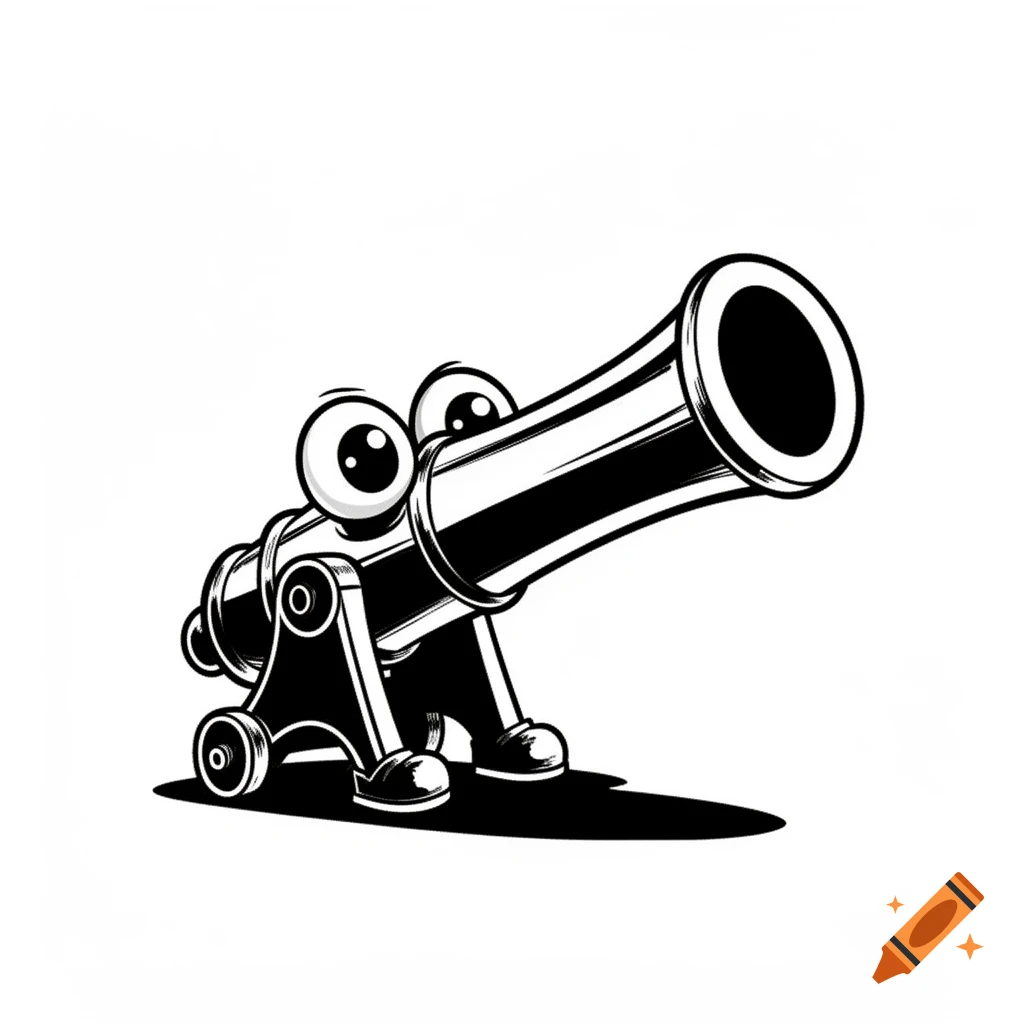 A black and white comic-style illustration of a cannon with googly eyes and two feet, casting a shadow.