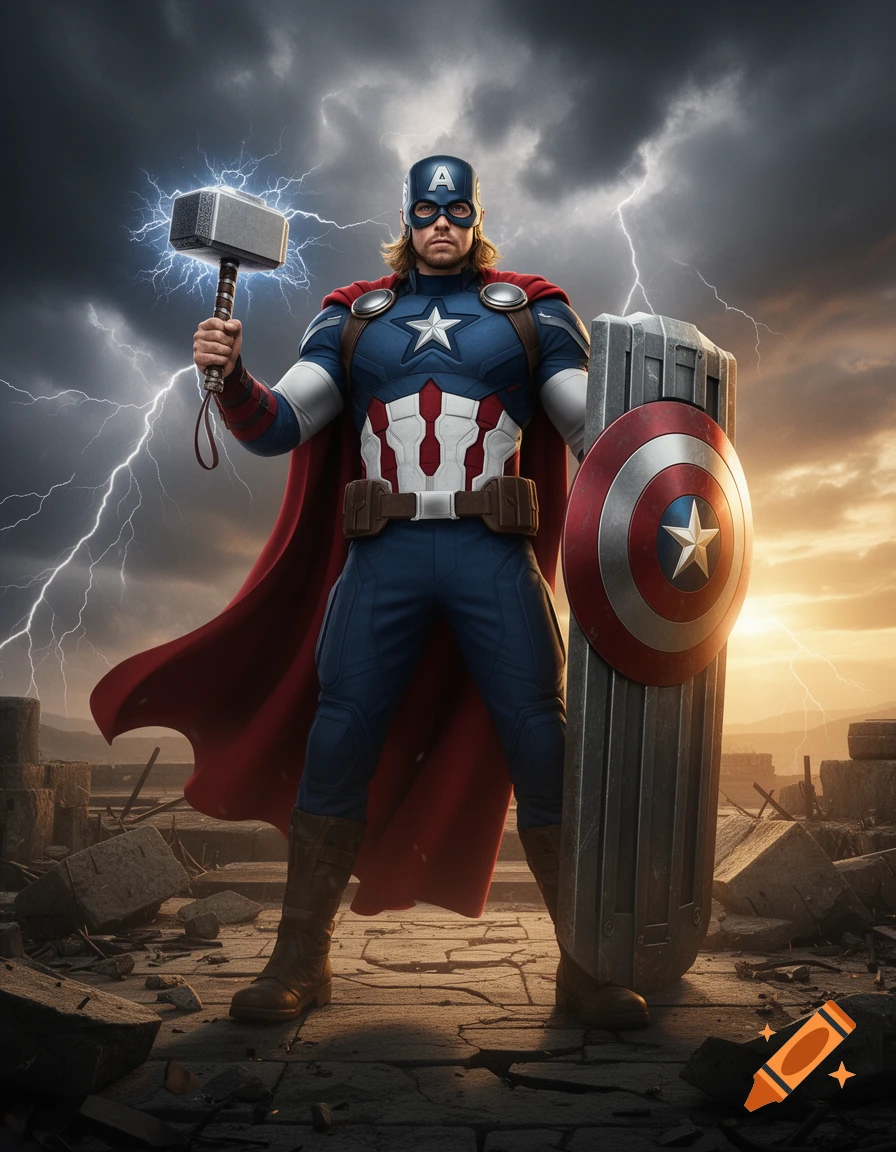 Photorealistic Captain America and Thor combined hero stands with Mjolnir and a tower shield in a storm-ravaged landscape.