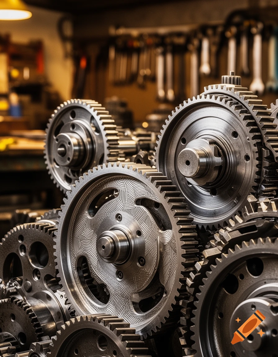 Close-up of metallic gears in a workshop, photorealistic style.