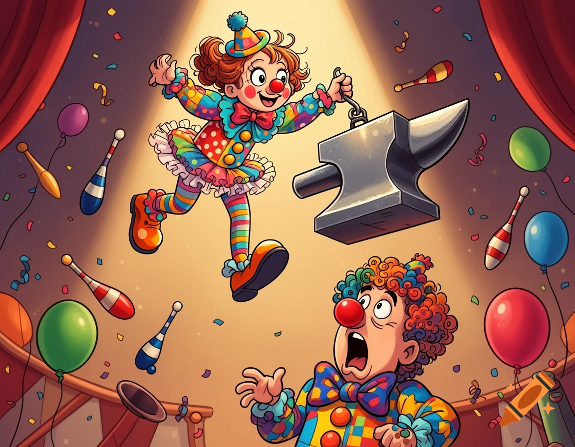 A cheerful girl clown drops a large anvil on a surprised male clown in a vibrant cartoon circus tent filled with confetti and balloons.