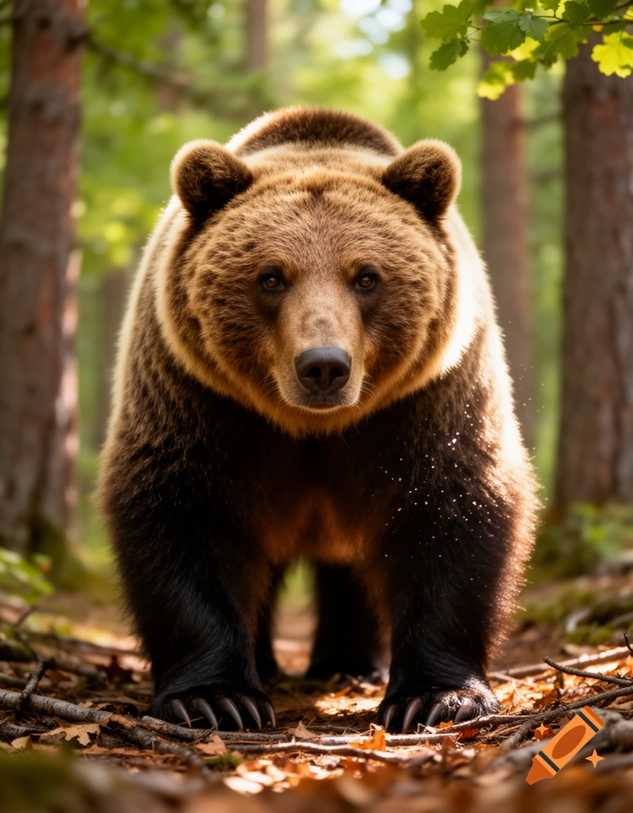 A large brown bear stands directly facing the viewer on a forest floor, with dappled sunlight filtering through trees.