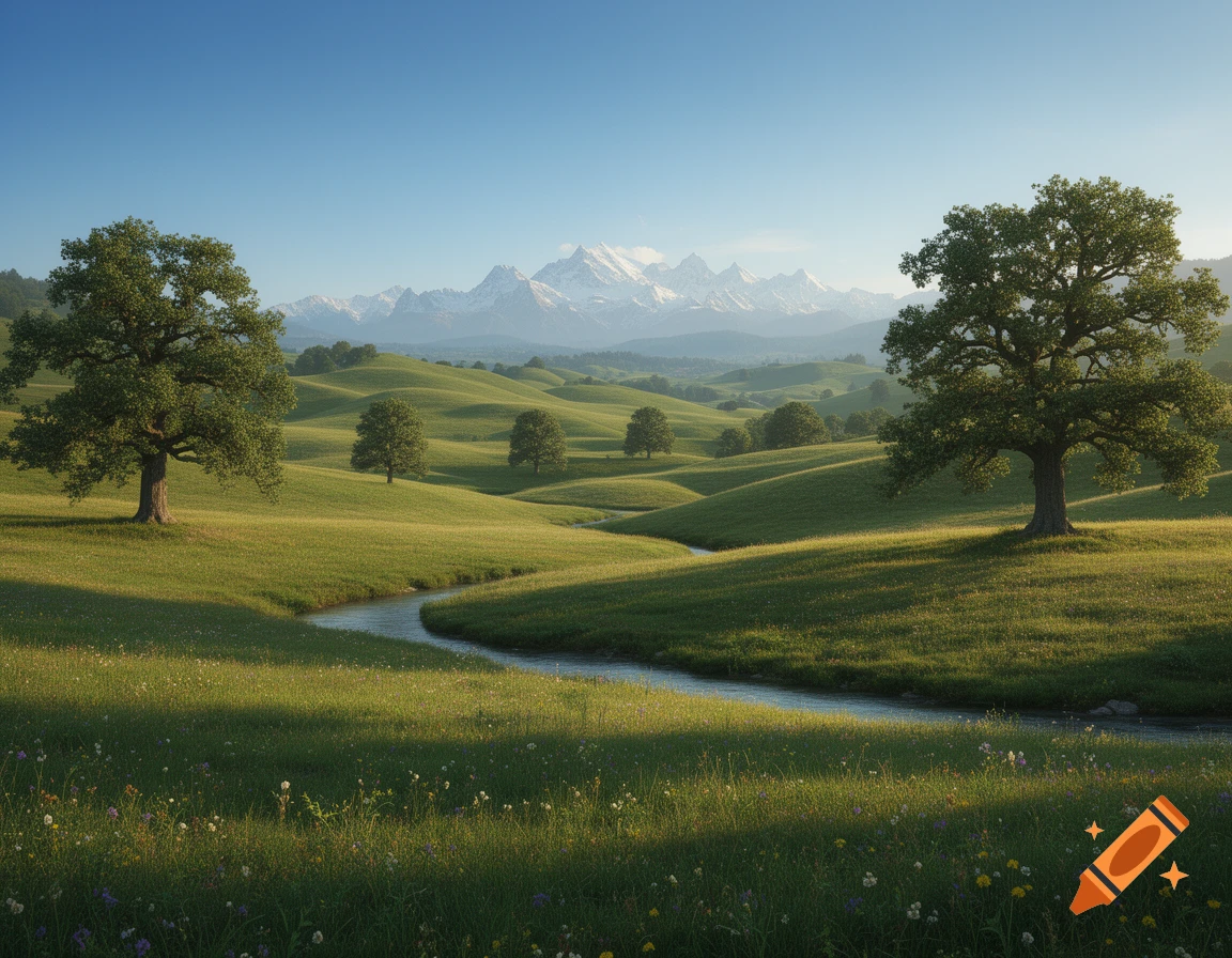 Photorealistic landscape of rolling green hills, a winding stream, large trees, and distant snow-capped mountains under a clear blue sky.