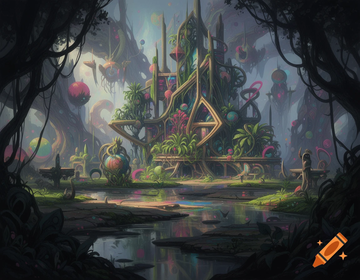 An alien landscape with vibrant, organic architecture and geometric plants, reflected in a still body of water, framed by dark trees.