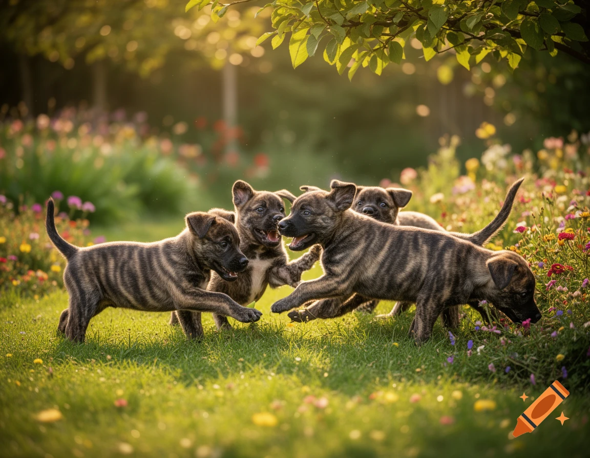 Brindle puppies playing joyfully in a sunlit field with green grass and wildflowers, photorealistic.
