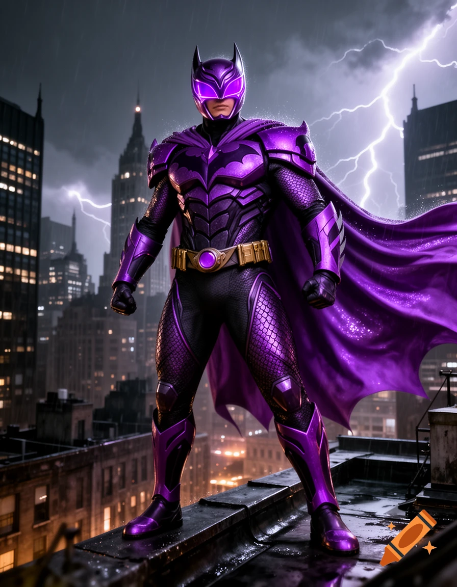 A purple armored superhero with a flowing cape and glowing visor stands on a rainy city rooftop as lightning strikes in the night sky.
