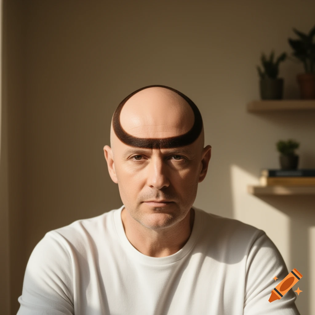 A bald man with a dark brown horseshoe-shaped ring shaved into his head, looking directly at the viewer.