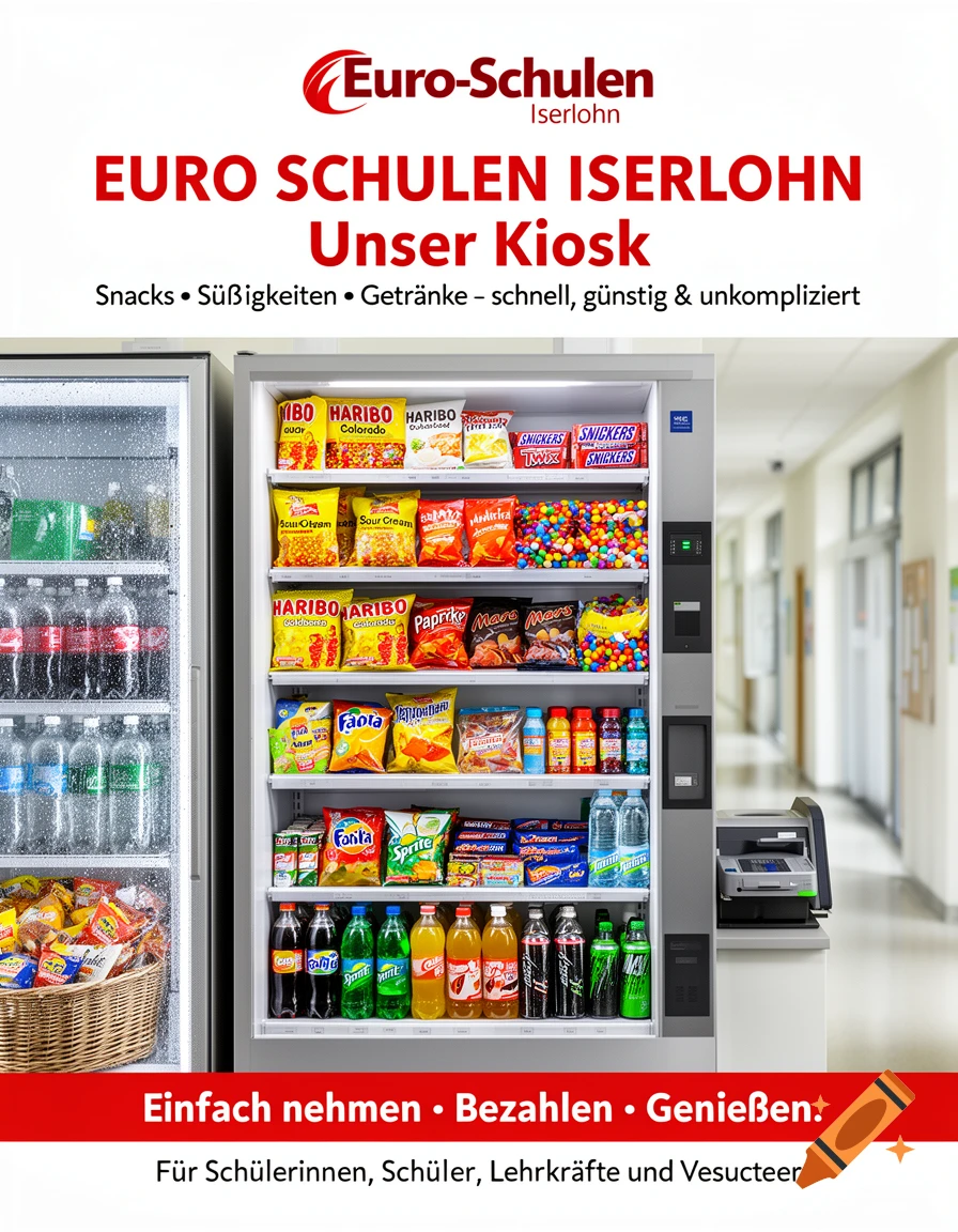 A promotional poster for Euro-Schulen Iserlohn's kiosk, featuring a vending machine filled with various snacks and drinks in a bright school hallway, with a red banner at the bottom.
