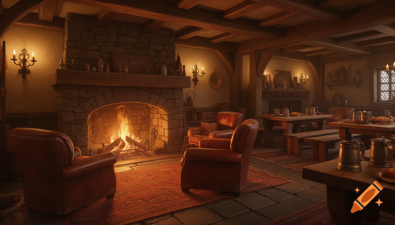 Cozy, photorealistic medieval tavern interior with a burning stone fireplace, leather chairs, and wooden tables.