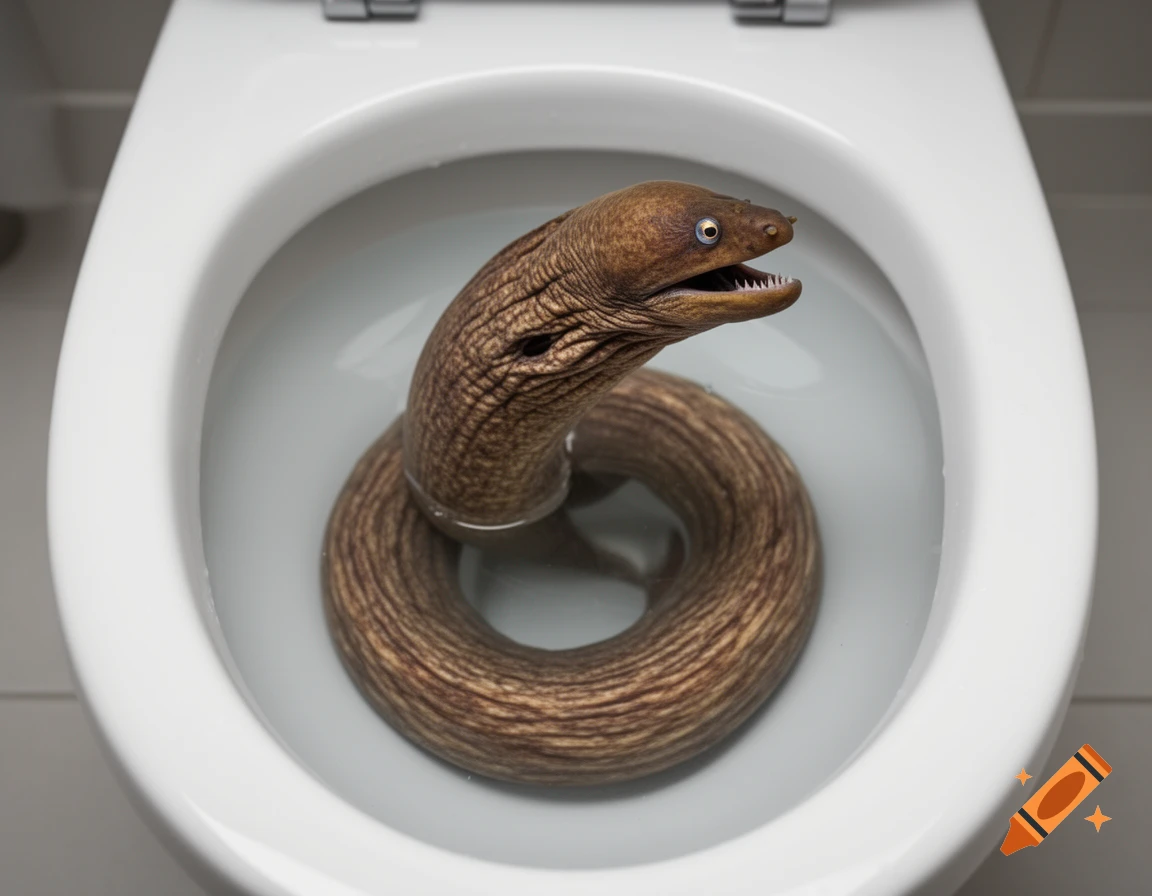 A brown moray eel with an open mouth emerges from the water in a white toilet bowl.