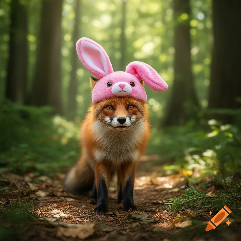 A photorealistic fox wearing a pink bunny hat stands on a forest path, looking at the viewer.