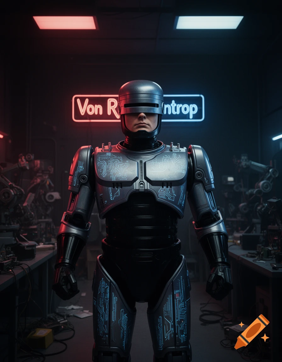 Robocop stands in a dark, neon-lit workshop with robotic parts. Photorealistic style.