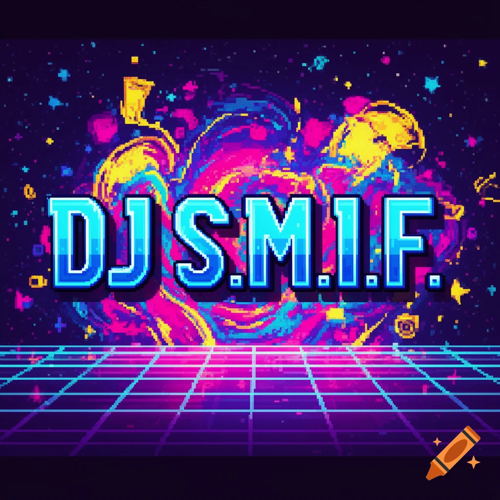 Pixel art logo featuring blue text 'DJ S.M.I.F.' over a colorful abstract background and a neon grid floor, in a retro synthwave style.