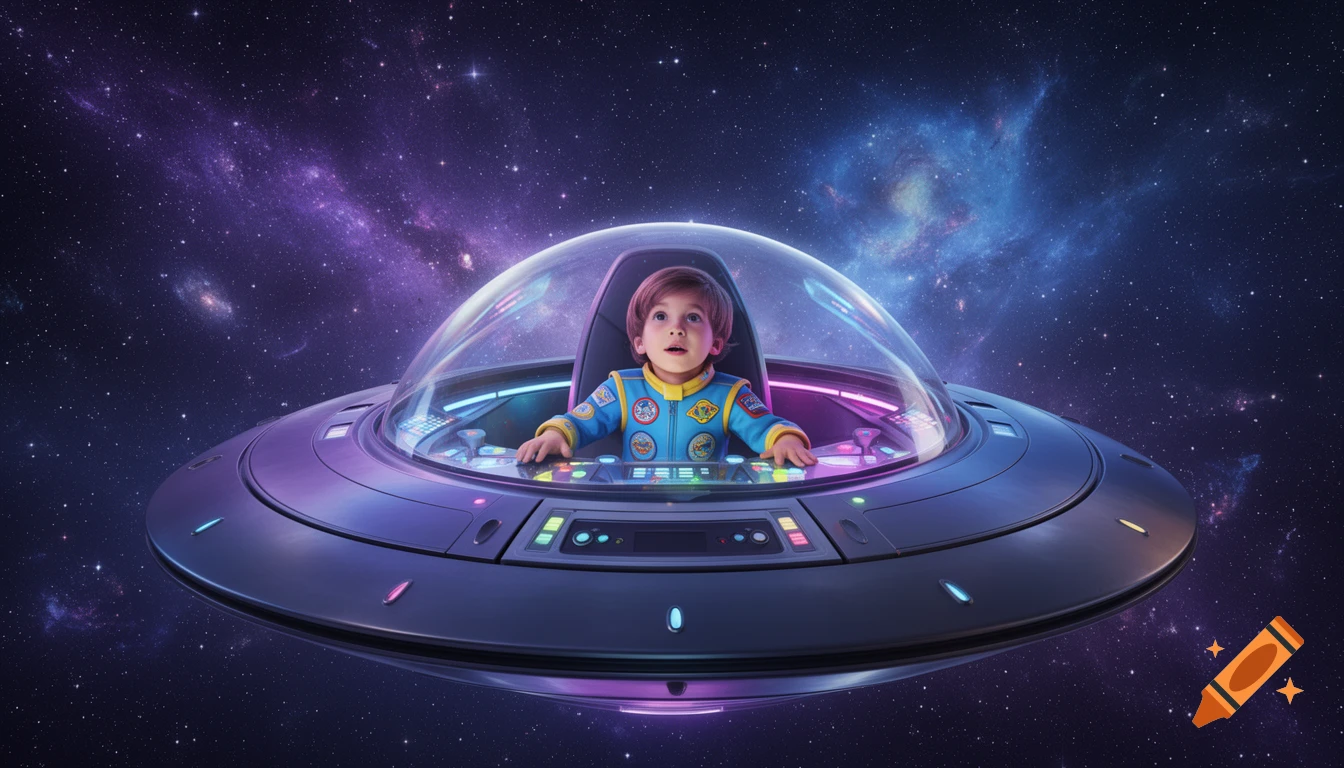 A child in a blue astronaut suit sits in a flying saucer, looking up with wonder, in outer space with purple nebulae.