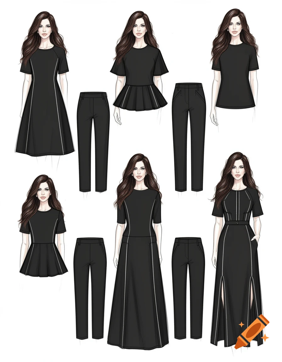 Fashion illustrations of women modeling various black dresses, tops, and pants with white accent lines, in a designer drawing style.
