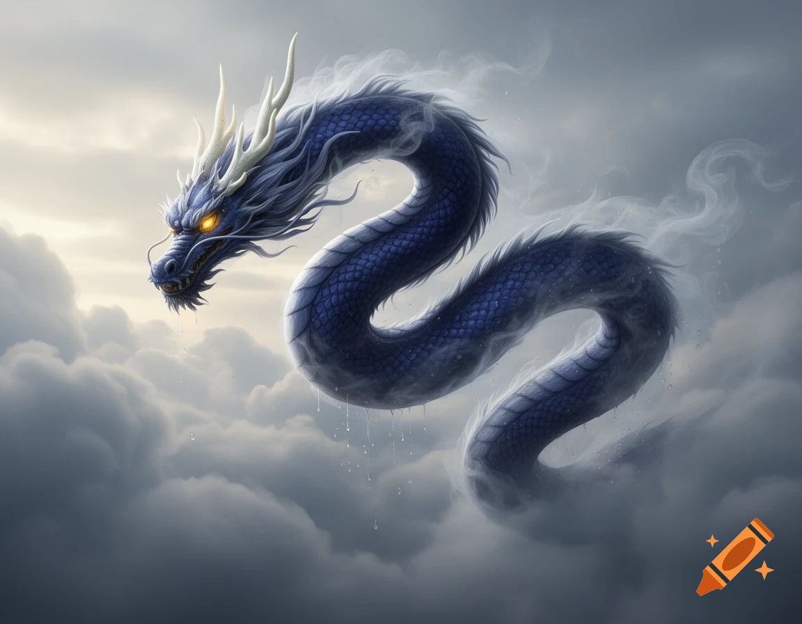 A majestic deep indigo blue Eastern dragon with glowing golden eyes and white horns floats amidst dense, wispy clouds.