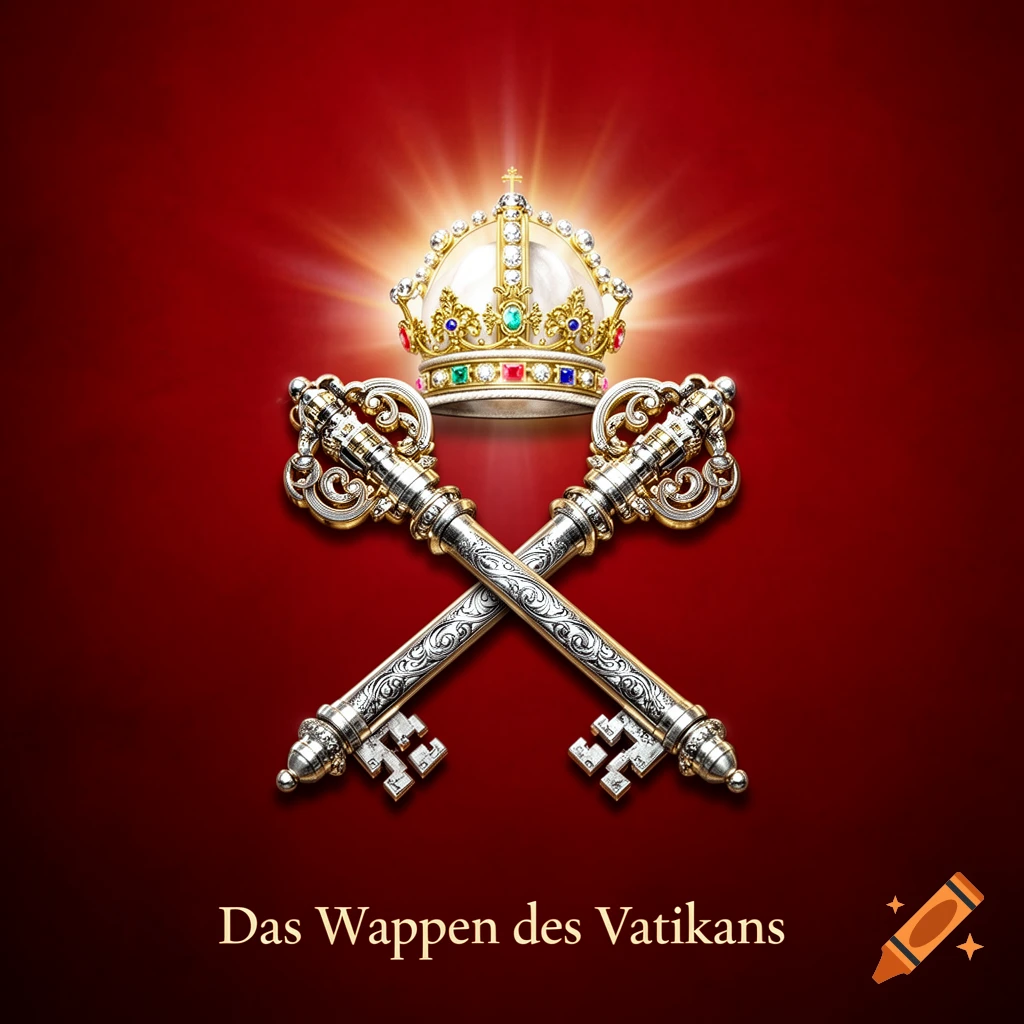 A golden papal tiara with jewels and a halo above two ornate silver crossed keys, set against a deep red background. The German text "Das Wappen des Vatikans" is below.