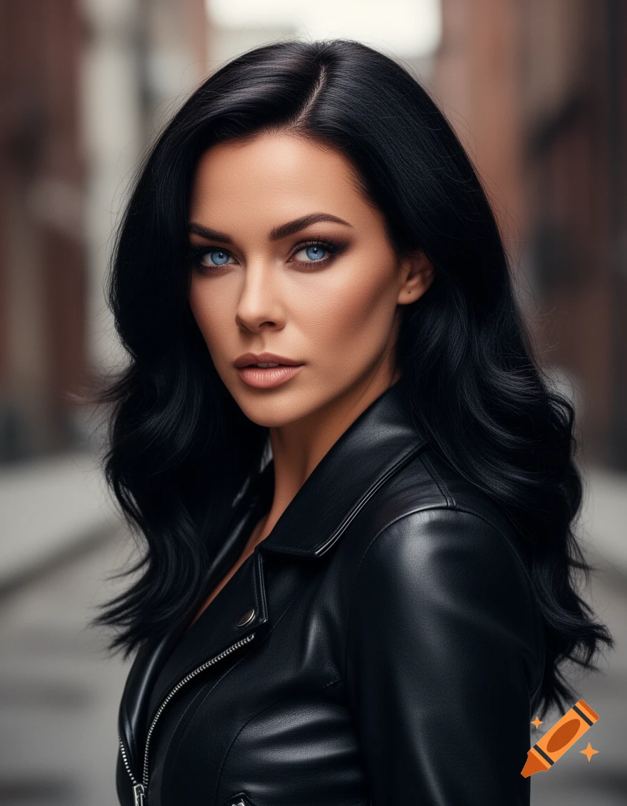 A photorealistic portrait of a woman with long dark hair and striking blue eyes, wearing a black leather jacket and looking directly forward.