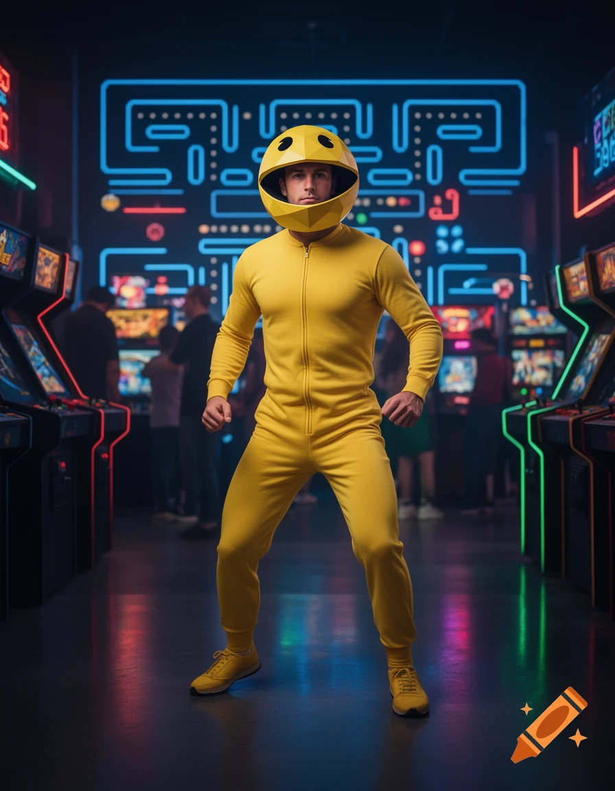 A man in a yellow Pac-Man jumpsuit and helmet stands in a neon-lit arcade, looking forward.
