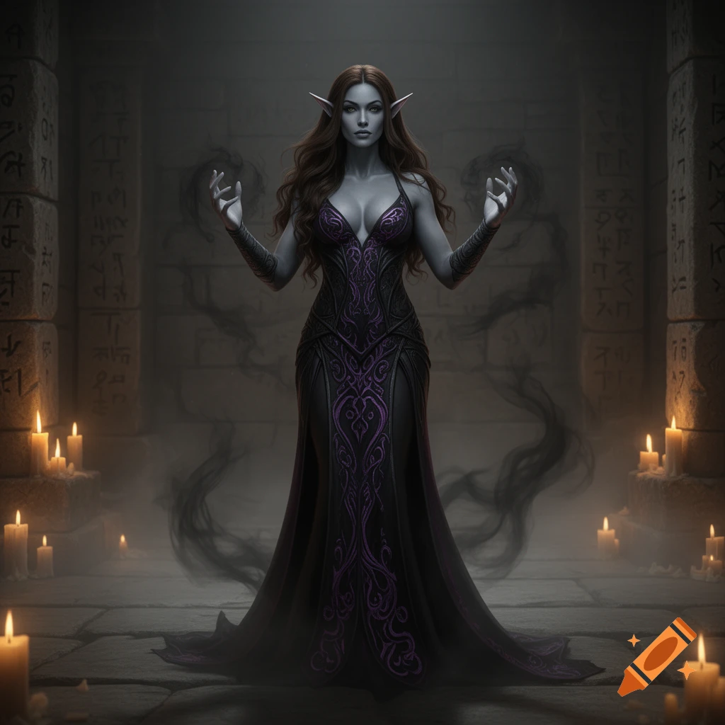 A female dark elf sorceress with gray skin and dark hair stands in a candlelit stone chamber, creating dark mist. Photorealistic style.