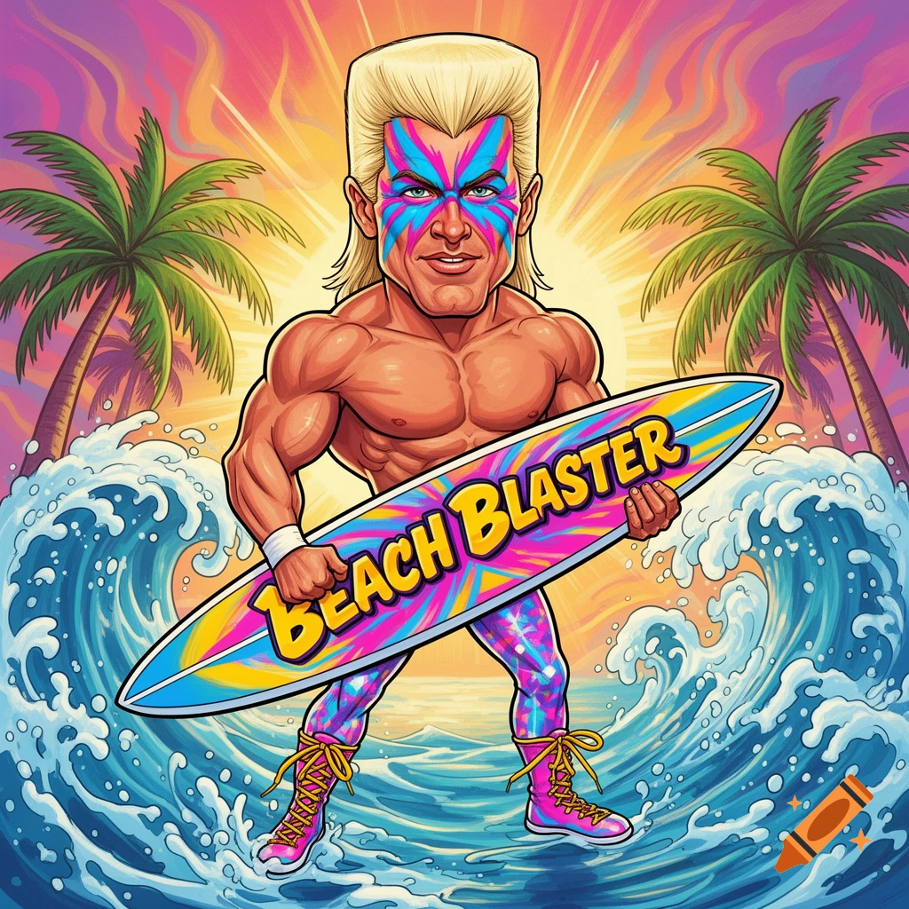 Vibrant cartoon of a muscular pro wrestler with blonde hair and face paint, holding a 'BEACH BLASTER' surfboard in ocean waves with palm trees and a sunset.