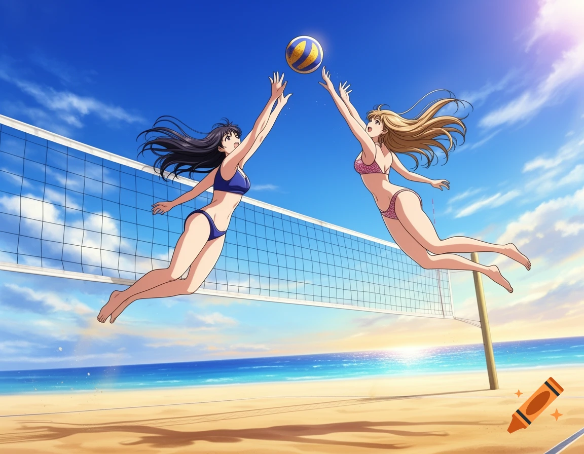Two anime women in bikinis jump to hit a volleyball over a net on a sunny beach.