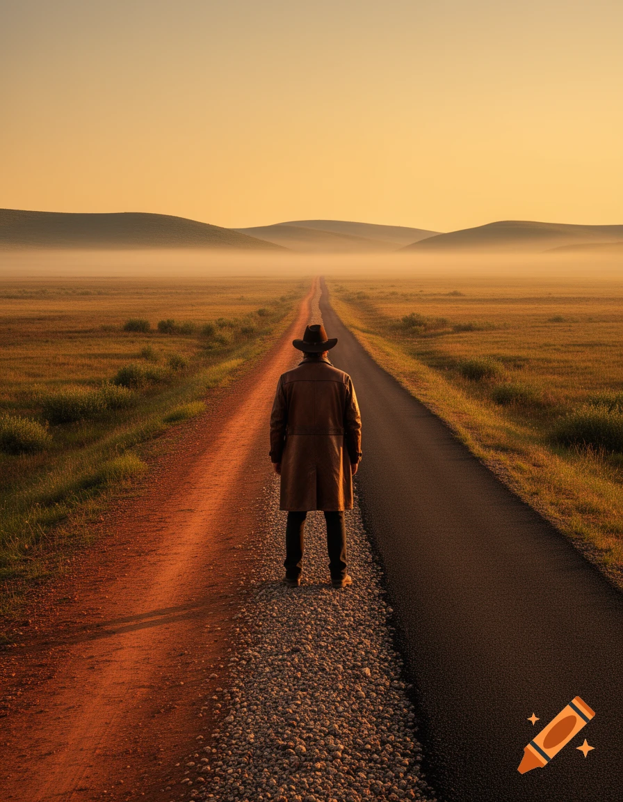 A lone person in a cowboy hat and trench coat stands at a fork in a road, looking into a misty, golden landscape at sunrise.