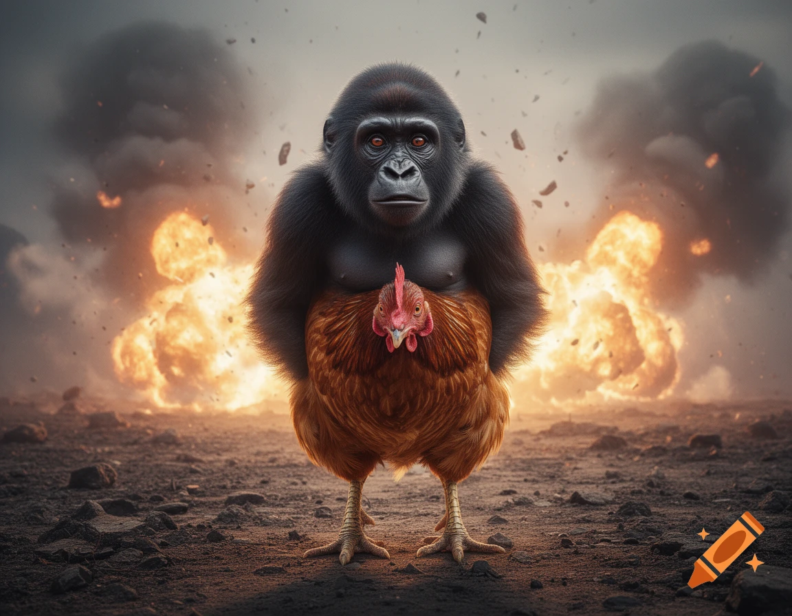 A surreal image of a gorilla with a chicken's lower body standing on a desolate landscape with massive explosions in the background.