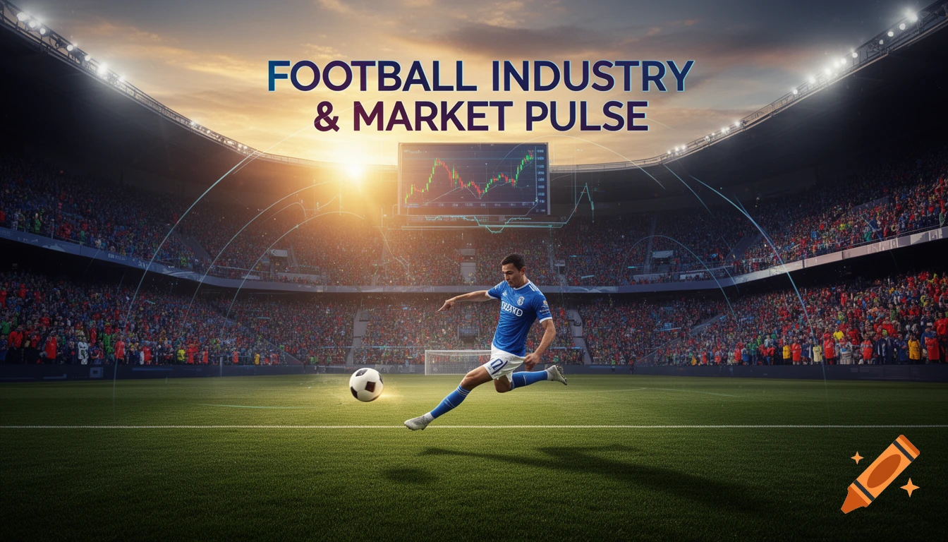 Photorealistic image of a football player kicking a ball in a stadium, with "FOOTBALL INDUSTRY & MARKET PULSE" text and a market graph overhead.