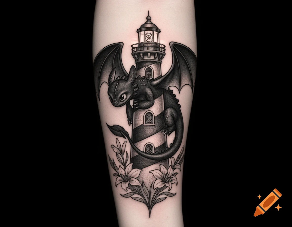 A black and gray tattoo on an arm, featuring Toothless the dragon perched on a striped lighthouse with lilies at its base.