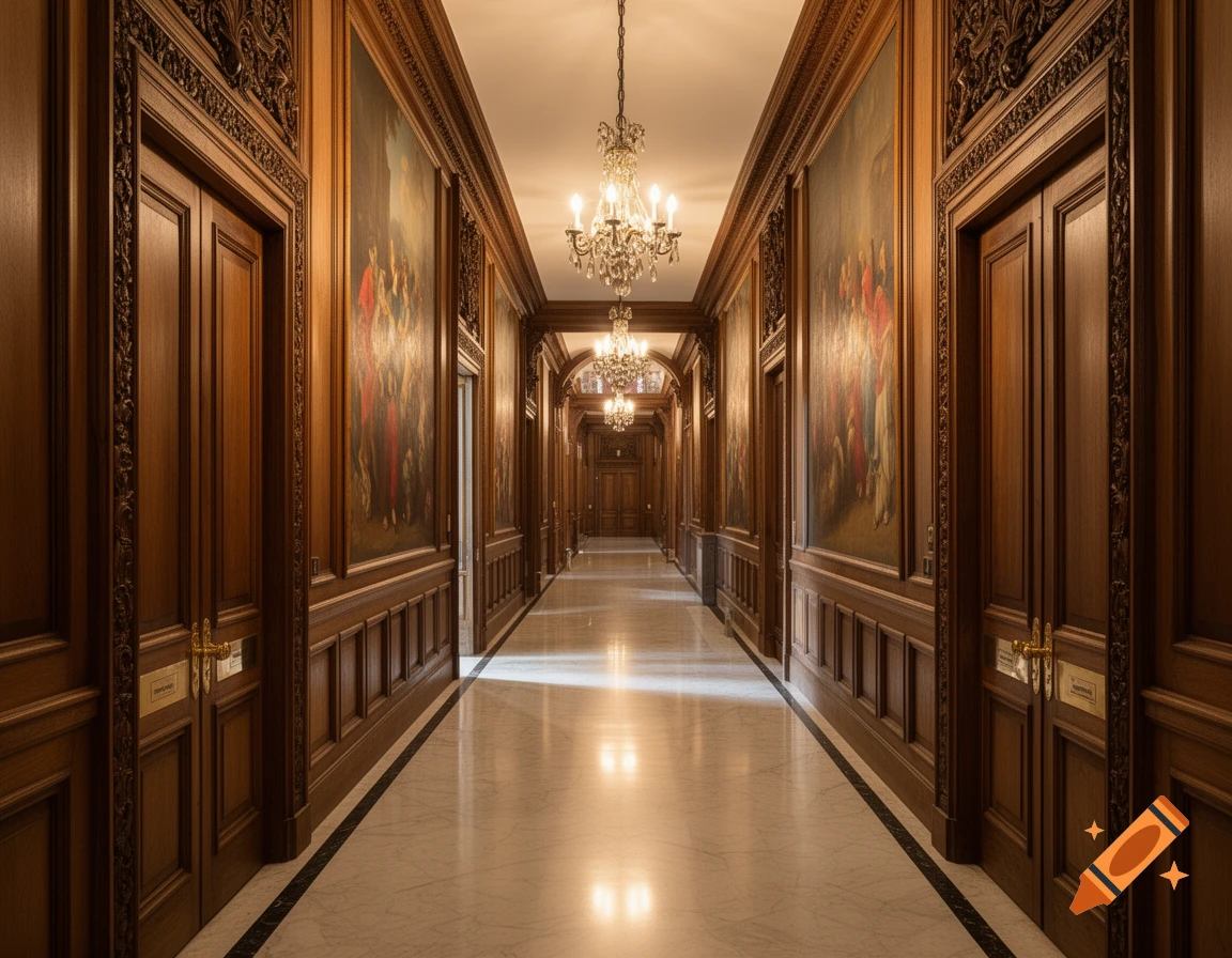 A photorealistic image of a long, opulent hallway with marble floors, wood paneling, ornate paintings, and crystal chandeliers.