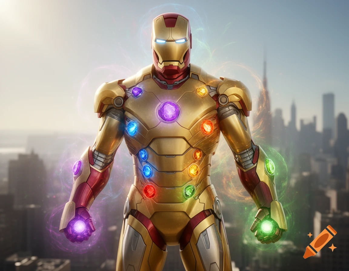 Photorealistic Iron Man in a golden suit with glowing infinity stones on his chest and in his fists, standing above a city skyline.