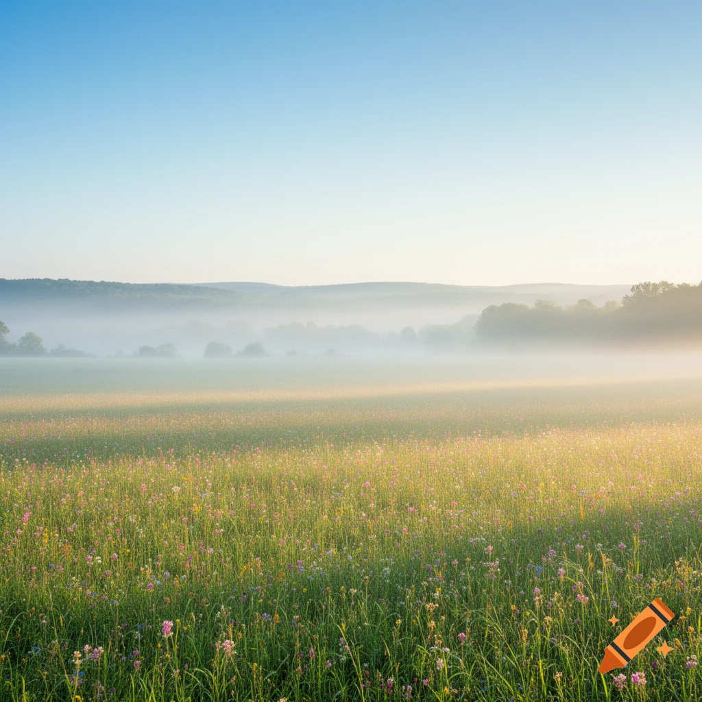 A vast field of colorful wildflowers covered in a soft morning mist with hills and a clear blue sky in the background.
