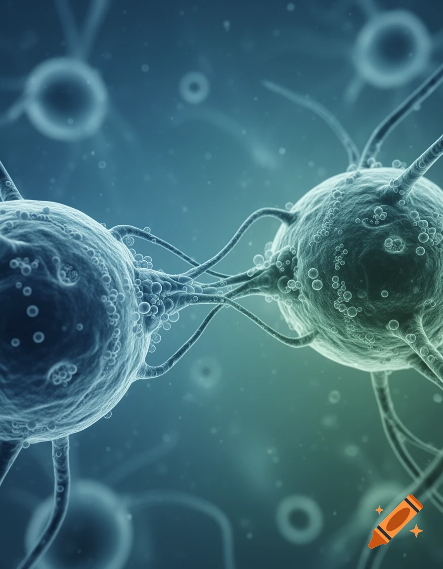 A close-up 3D rendering of two microscopic cells or neurons with connecting tendrils and small bubbles, against a blurry blue-green background.