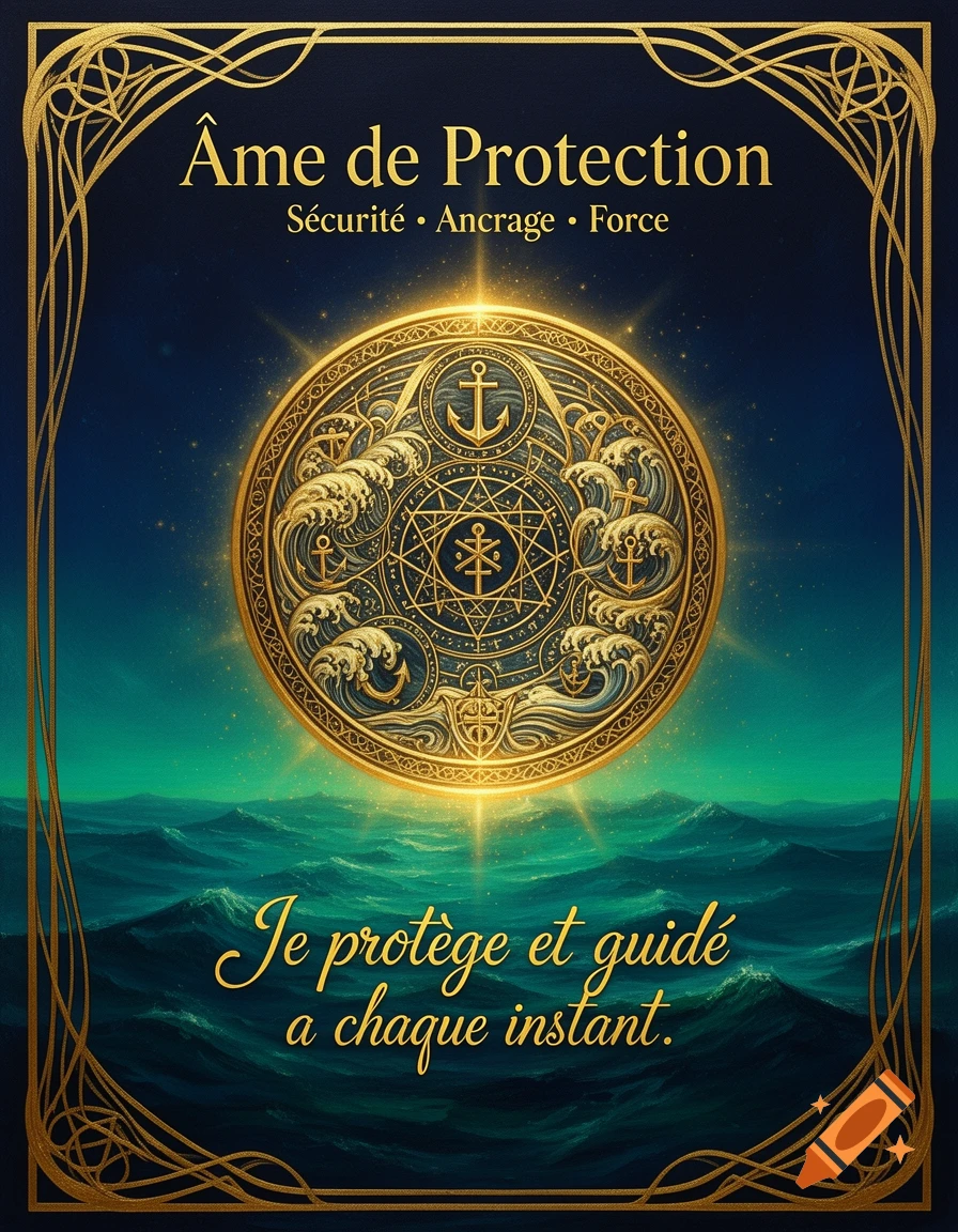 An elegant spiritual poster featuring a golden circular protection seal with anchors and waves, set against a deep blue and turquoise sea, bordered by ornate gold lines. Golden text at the top reads "Âme de Protection" and "Sécurité • Ancrage • Force". Golden script at the bottom reads "Je protège et guidé a chaque instant."