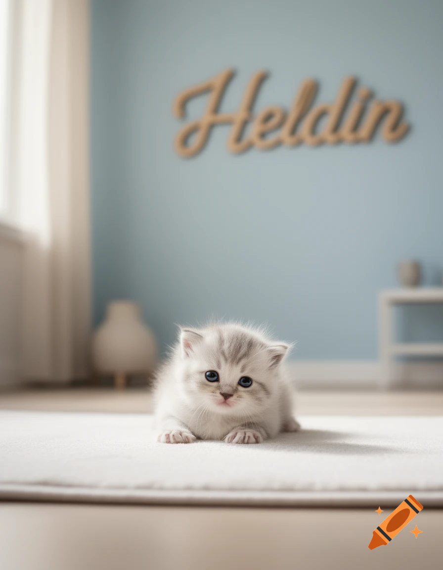 A fluffy white and grey kitten with blue eyes lies on a white rug in a light blue room with "Heldin" on the wall.