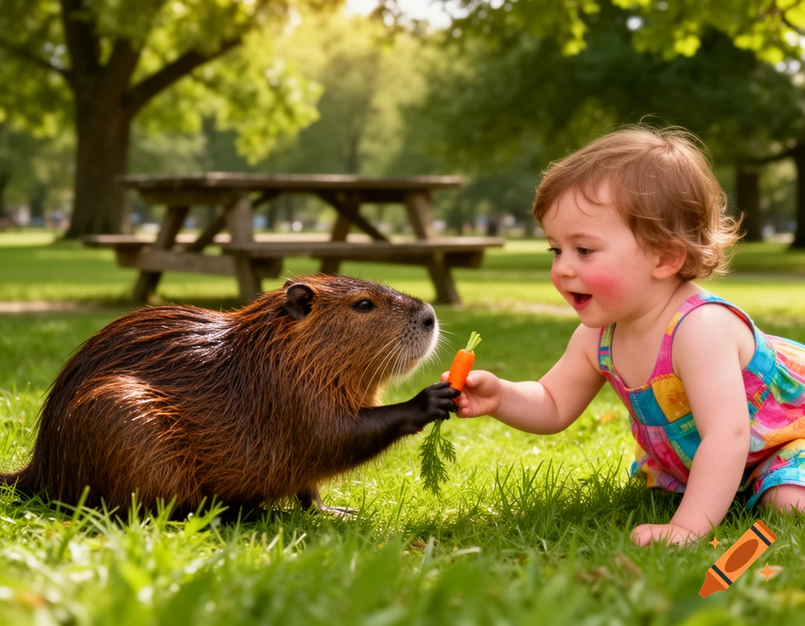 A baby in a colorful dress offers a small carrot to a nutria in a sunny grassy park. Photorealistic.