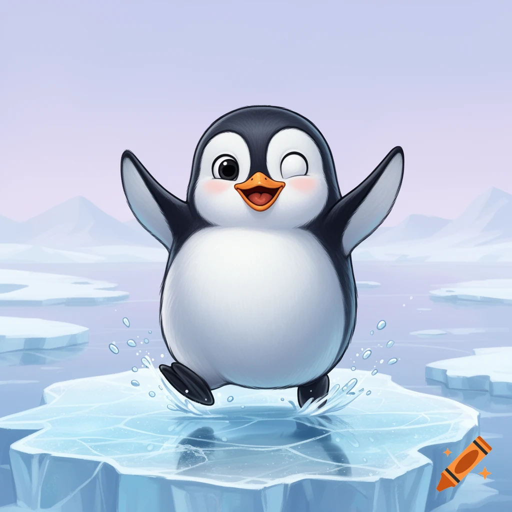 A happy, winking cartoon penguin with rosy cheeks jumps and splashes water on an ice floe in an icy landscape.