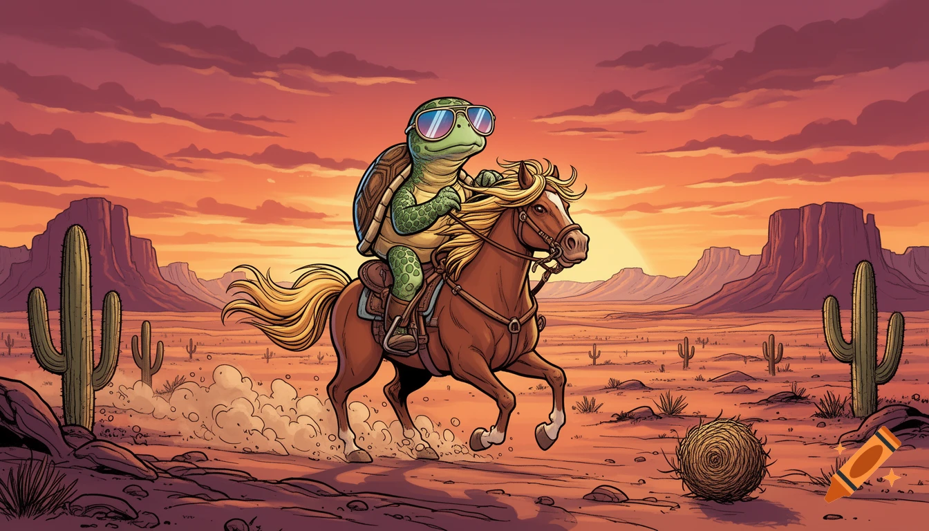 A cartoon turtle in sunglasses rides a trotting horse through a Wild West desert at sunset, kicking up dust.