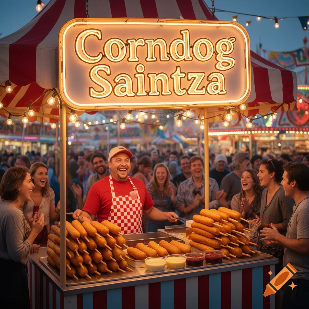 A smiling vendor in a red apron serves corndogs from a neon-lit stall at a lively fair, surrounded by happy customers.