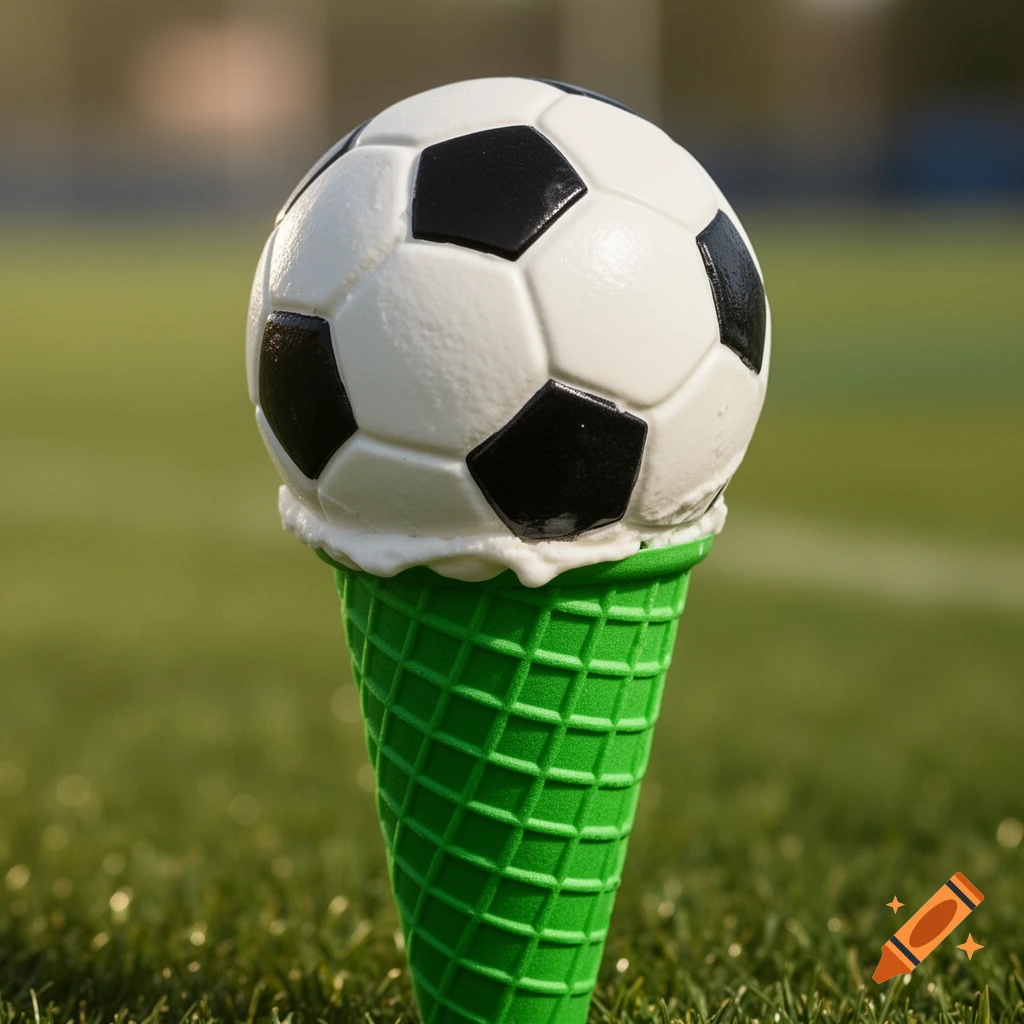 A soccer ball ice cream scoop on a green waffle cone, set against a blurred green field.