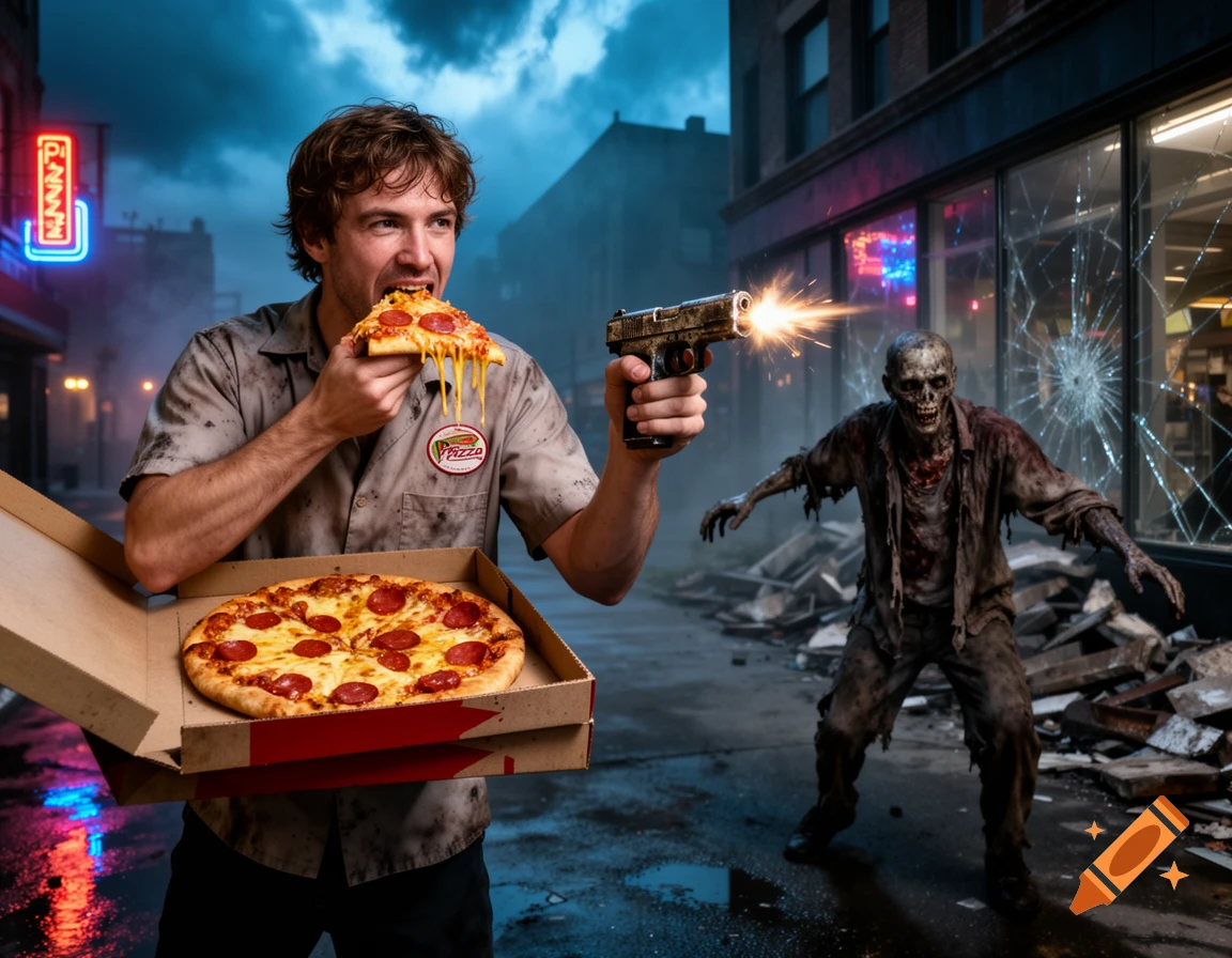 Photorealistic man in a dirty uniform eats pizza, shoots a zombie in a dark, ruined city street.