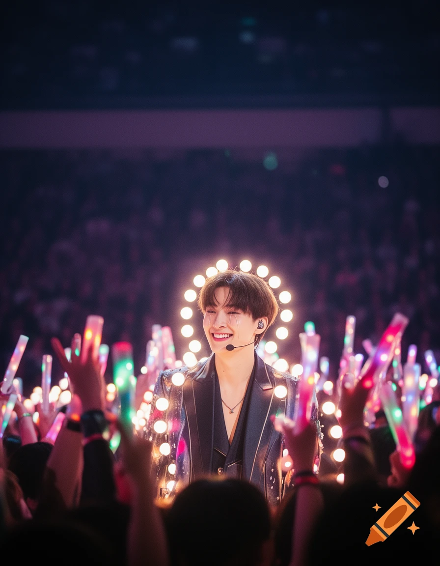 A male idol on stage, smiling with tears in his eyes, surrounded by a halo of lights and a crowd with glowing light sticks.