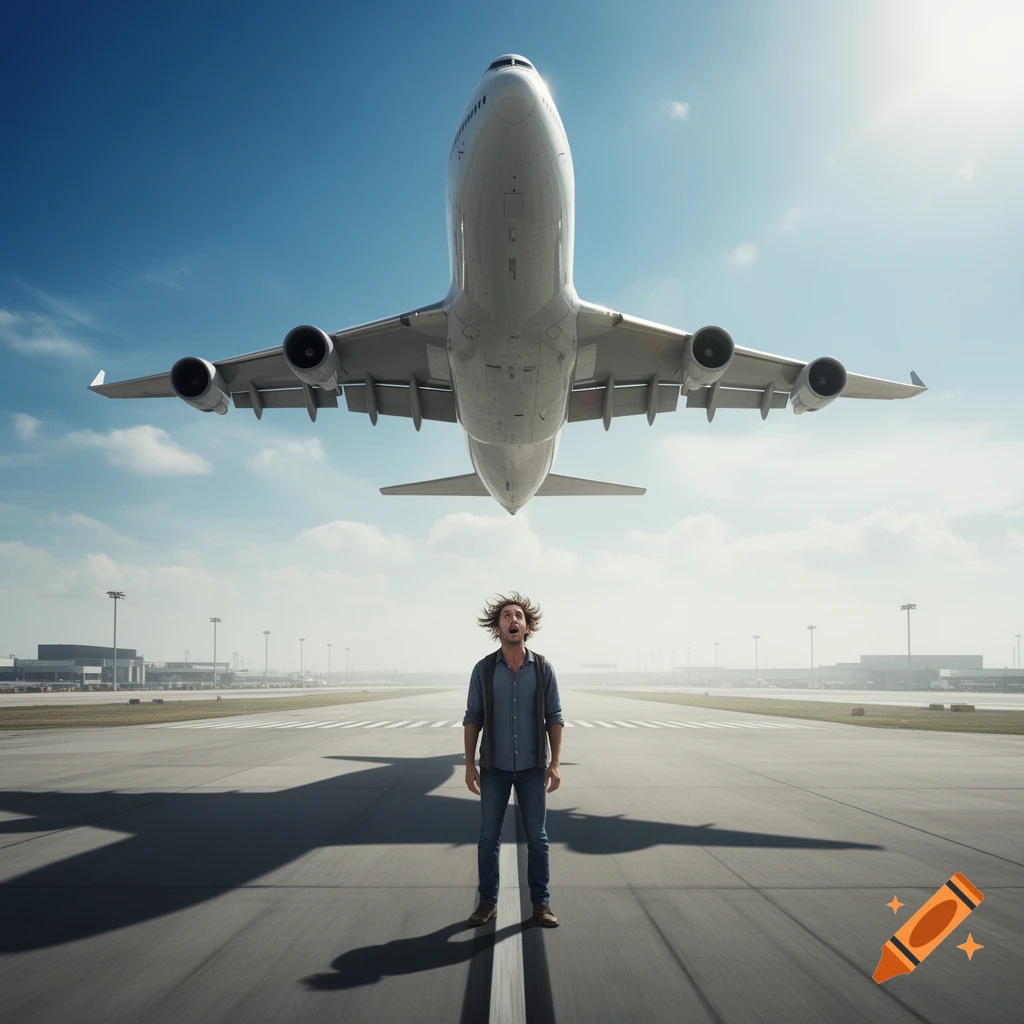 A surprised man looks up at a jumbo jet flying low over an airport runway, casting a long shadow. Photorealistic.