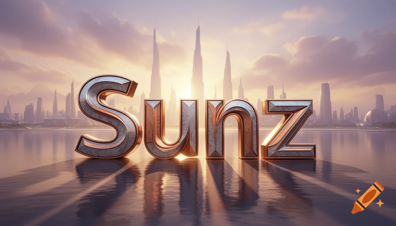 3D metallic text "Sunz" reflecting on water, set against a futuristic cityscape with tall buildings at sunset.